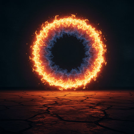 Conceptual image with flaming circle on dark background. 3d renderingの素材