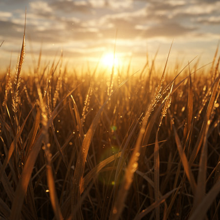 Sunset over the rice field. Shallow depth of field.の素材