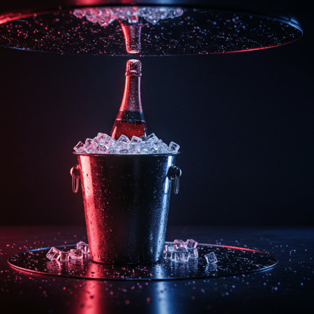 Champagne bottle in ice bucket on black background. New Year and Christmas conceptの素材