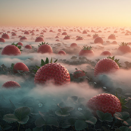 Strawberry field in the morning fog at sunset, 3d illustrationの素材