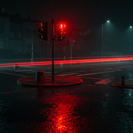Traffic light on the street in the fog. 3d renderingの素材