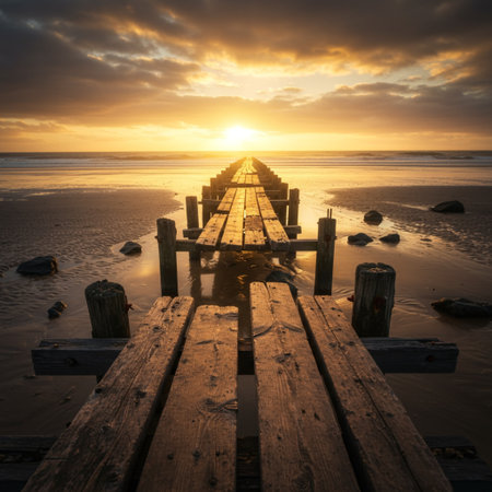 Wooden jetty at sunrise, Baltic Sea, Poland, Europeの素材