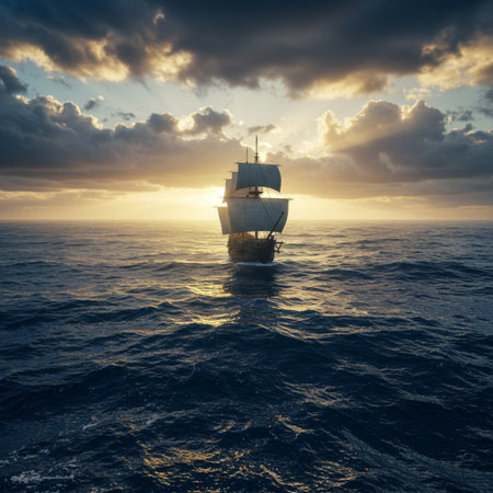 Sailing ship in the sea at sunset. 3D Renderingの素材
