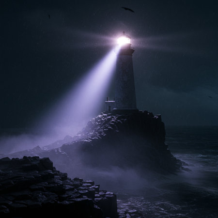 Lighthouse in the sea at night with fog and light beam.の素材
