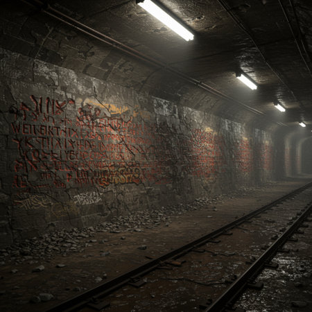 Underground subway tunnel with graffiti on the walls. 3d renderの素材
