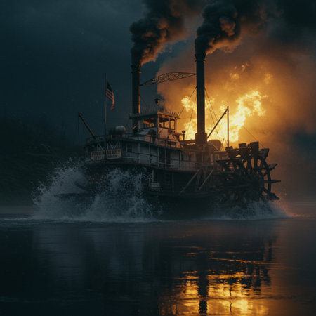 Old steam turbine on the river at night with smoke and fire.の素材