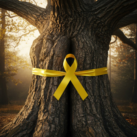 Yellow ribbon on tree trunk in autumn forest. World Aids Day conceptの素材