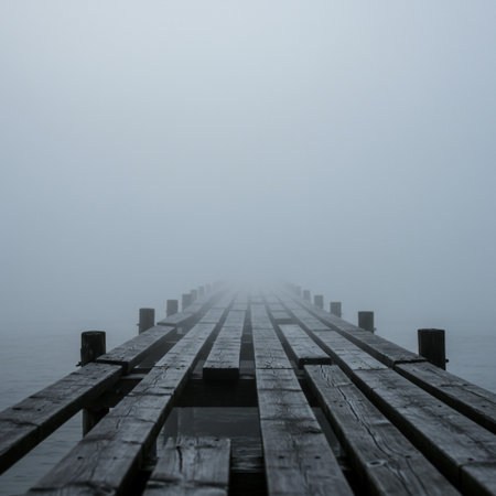 Wooden pier in a foggy morning at Lake Constance, Germanyの素材
