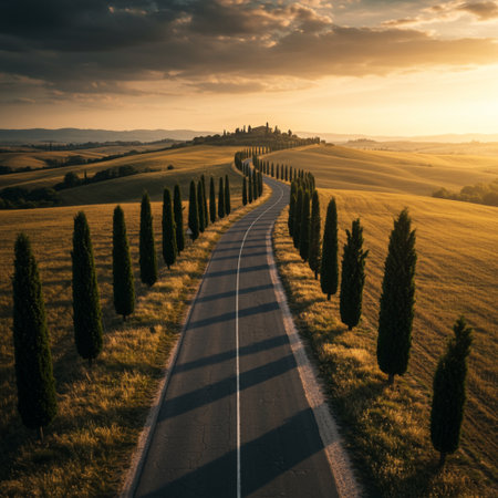 Tuscany landscape with cypresses and road at sunset, Italyの素材