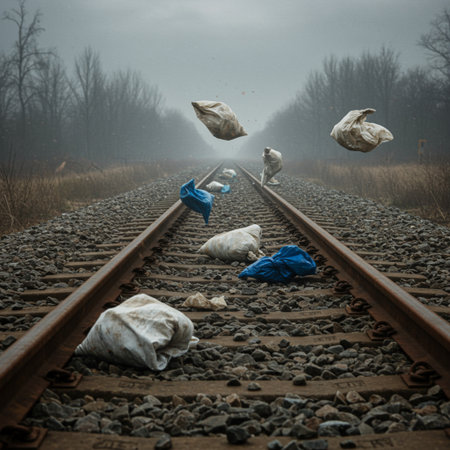 Pile of garbage bags on railroad tracks in foggy autumn morningの素材