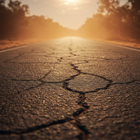 Asphalt road with cracks in the sunset. Conceptual image.の素材