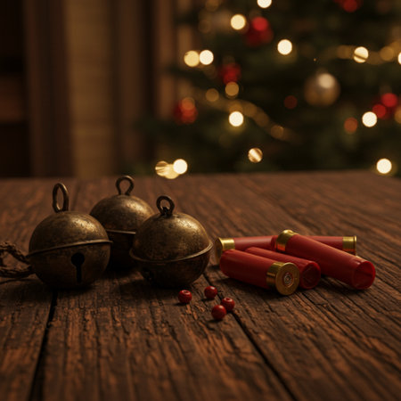 christmas background with christmas tree and golden bells, shallow depth of fieldの素材