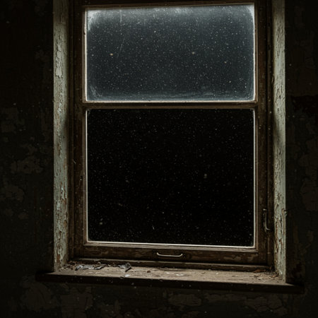 Old window with dirty glass in a dark room. Grunge backgroundの素材