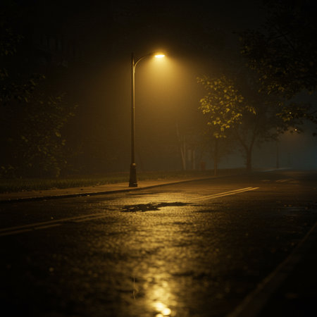 street lamp in a foggy night at the end of the streetの素材
