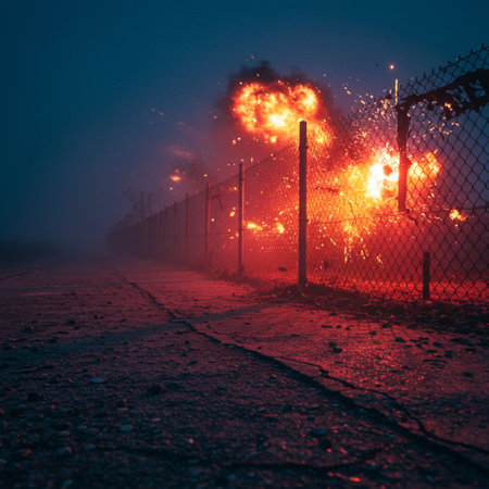 Fog and fire in the road. Fire on the road.の素材