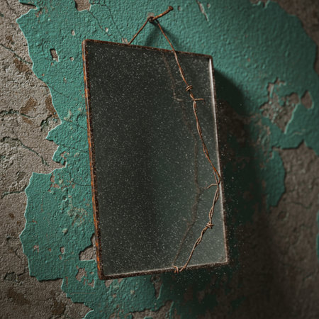 Old rusty signboard hanging on a green wall. Toned.の素材