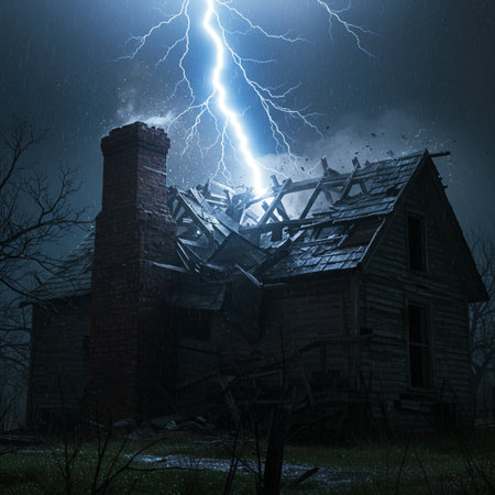 Conceptual image of an old house in the forest with a lightning strikeの素材