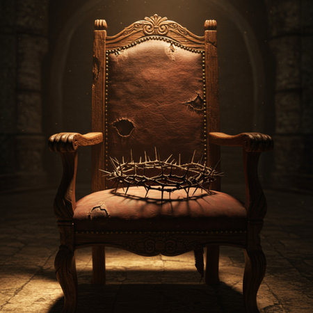 3D rendering of an old throne with a crown on top.の素材
