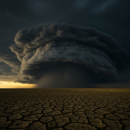 Dramatic stormy sky over dry land. Climate change conceptの素材