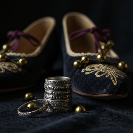 Wedding rings and shoes on a dark background, close upの素材