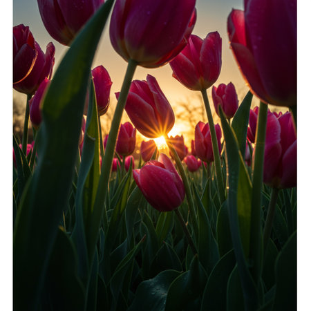 Beautiful tulips in the field at sunset. Spring landscape.の素材
