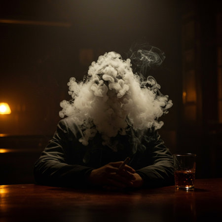 Man with a glass of whiskey and a cloud of smoke on a dark backgroundの素材