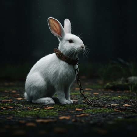 White rabbit in the forest on a foggy day. Selective focus.の素材