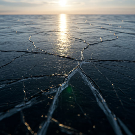 Cracked ice on the surface of the sea at sunset. Natural backgroundの素材