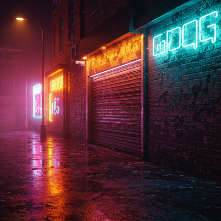 Night street with neon signs in the old town of London, UKの素材