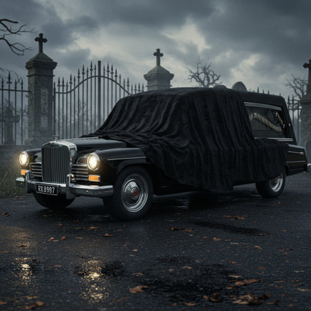 Old black car in cemetery. Halloween concept. 3D Renderingの素材