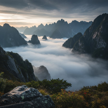 Mountain landscape with fog in Huangshan National Park, Chinaの素材