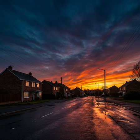 Sunset over a street in a small town in the Netherlands.の素材