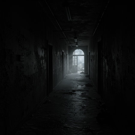 Dark corridor with light at the end. Horror concept. 3D Renderingの素材
