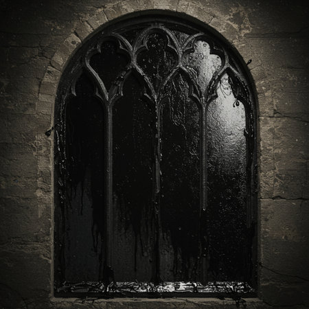 dark stained-glass window in the old castle. 3D illustrationの素材