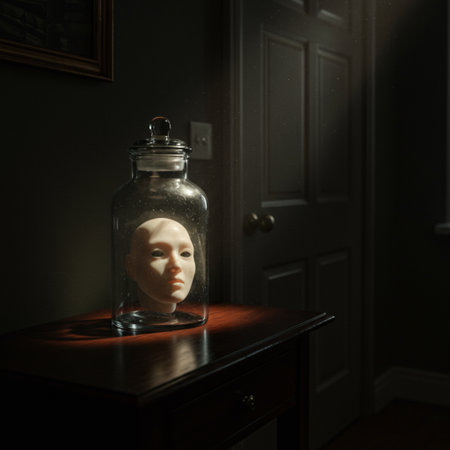 A glass jar with a human head on a table in a dark roomの素材