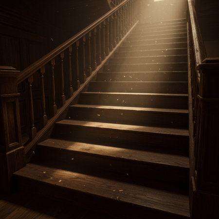 Wooden stairs with sunlight in a dark room. Vintage style.の素材