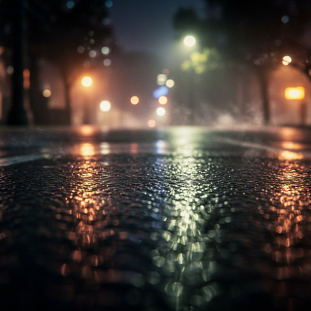 Rain drops on the wet asphalt road at night. Shallow depth of fieldの素材