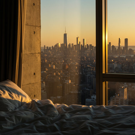 Double bed in the morning with a view of New York City.の素材