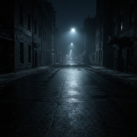 Street at night with lights and fog, London, England, UKの素材
