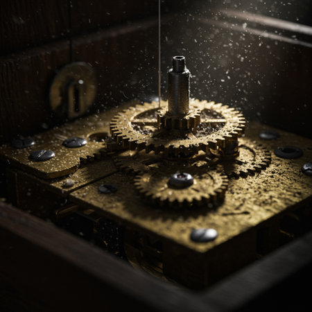 Close up of old clock mechanism with water drops. Selective focus.の素材