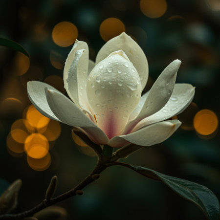 Beautiful white magnolia flower with water drops on bokeh backgroundの素材
