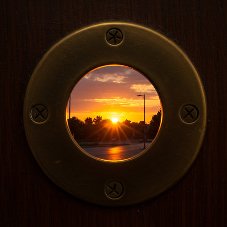Reflection of the sun in the porthole of a shipの素材