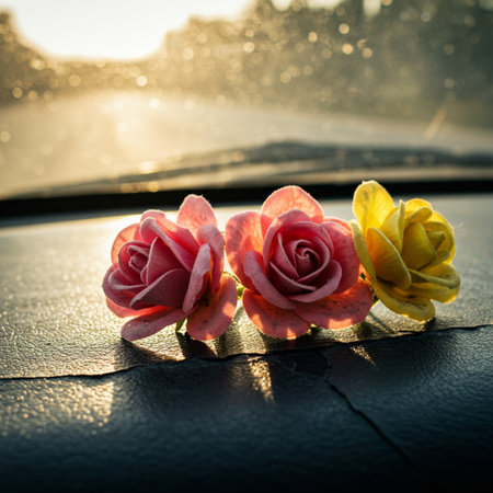 Colorful artificial flowers on the windshield of a car. Selective focus.の素材