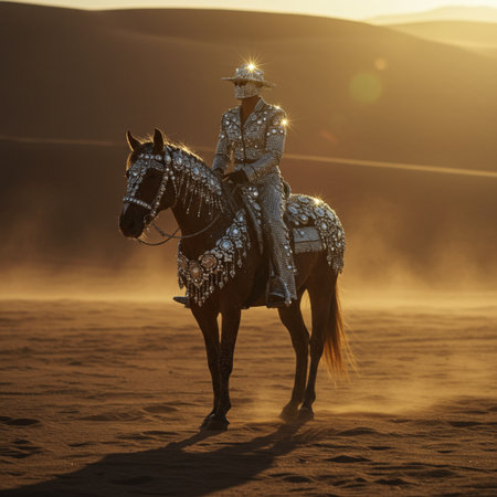 Arabian man on horseback in the Sahara desert at sunset.の素材