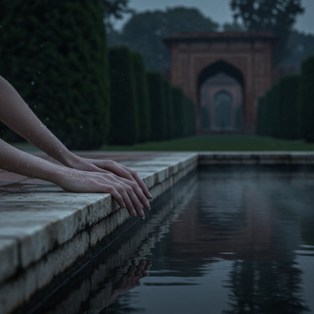 Woman's hand on the edge of a pool in a park.の素材