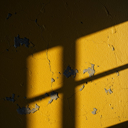 The shadow of the window on the yellow wall. Abstract background.の素材