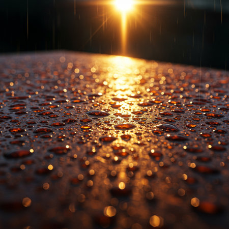 Water drops on a wooden surface in the rain at sunset. Abstract background.の素材