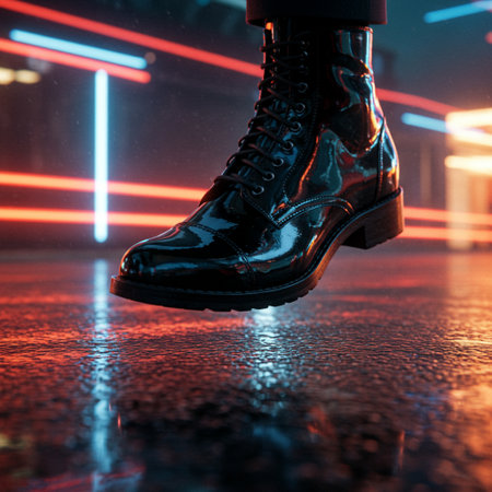 Men's black leather boots on a dark background with neon lights.の素材