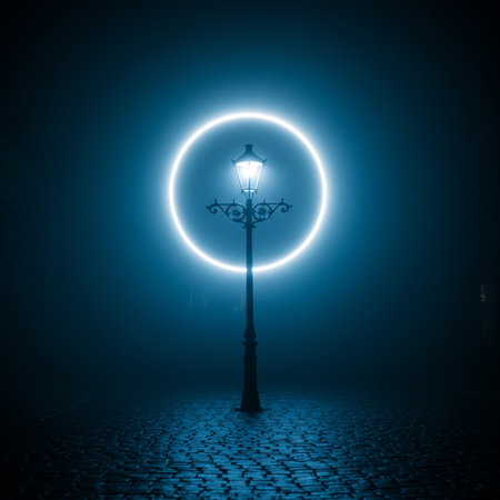 Street lamp in a foggy night. 3D rendering. toned imageの素材