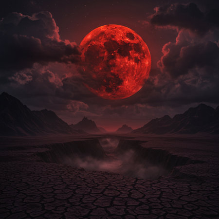 Fantasy landscape with cracked ground and red moon. 3d illustrationの素材